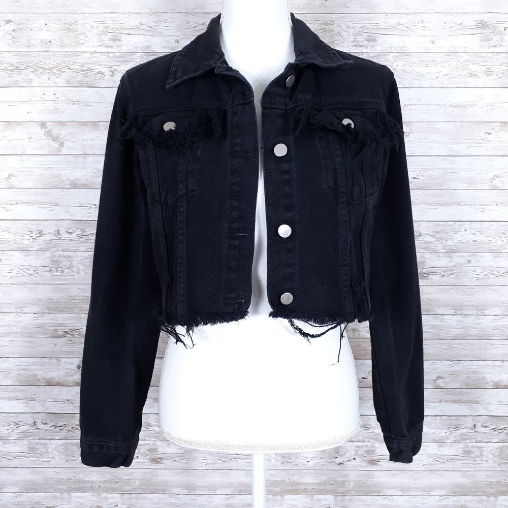 PrettyLittleThing Cropped Denim Jacket Sz 8 Distressed 163A